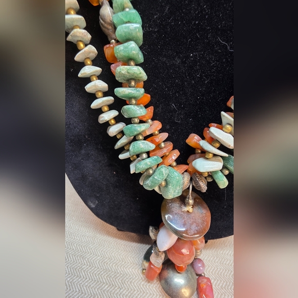 STONE Chunky Statement Necklace. Ocean Jasper, Carnelian Green Adventurine VTG - Picture 5 of 12
